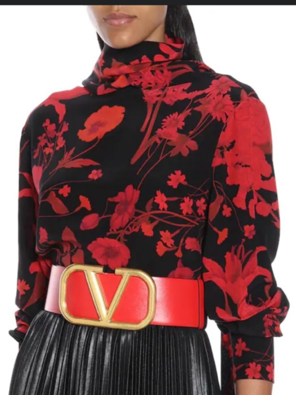 NWT Valentino Black and Red Floral Button-Front Blouse Blouse w/scarf - Size 40